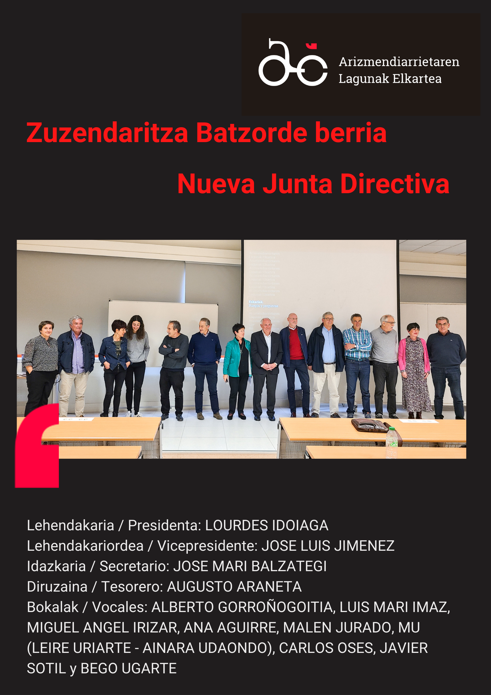 Arizmendiarrietaren Lagunak Elkartea – ALEren Zuzendaritza Batzorde berriaren aurkezpena, Elkartearen Batzar Nagusiak maiatzaren 18an izendatutakoa